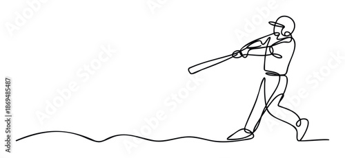Continuous line drawing of a baseball player swinging a bat in an energetic pose, perfect for sports event promotions, athletic achievement recognition, or youth activity advertisements.