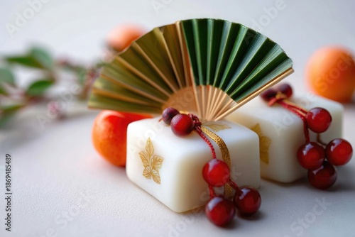 Traditional Japanese New Year Cake (Kagami Mochi) with Fan and Berries, Soft Light