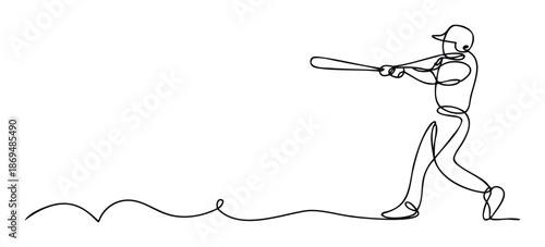 A dynamic continuous line drawing of a baseball player swinging a bat, perfect for sports event promotions, athletic club branding, or modern graphic design projects requiring energy and