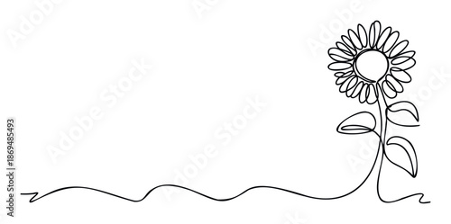 Elegant single continuous line drawing of a sunflower, conveying natures simplicity and organic vitality for various branding projects or product prints.