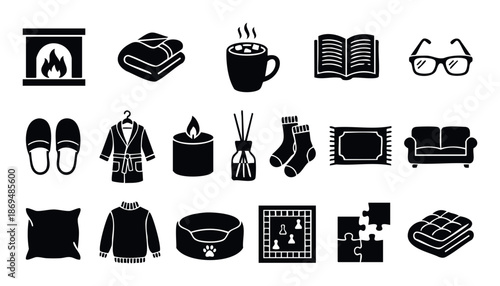Collection of cozy home comfort elements including fireplace, blanket, hot drink, book, and slippers, perfect for illustrating relaxation, winter themes, or hygge lifestyle promotions