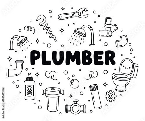 Plumbing equipment and tools doodle in a circular composition ideal for industry marketing materials or educational resources for vocational training