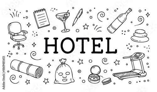 Black and white hand drawn doodle collection of hotel amenities and services surrounding the word HOTEL, perfect for hospitality industry marketing materials and travel guides.