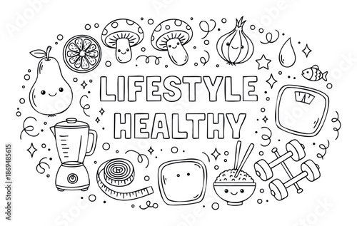 Adorable line art collection representing healthy lifestyle essentials including fruits, vegetables, fitness gear, and kitchen tools, perfect for wellness educational content and cheerful