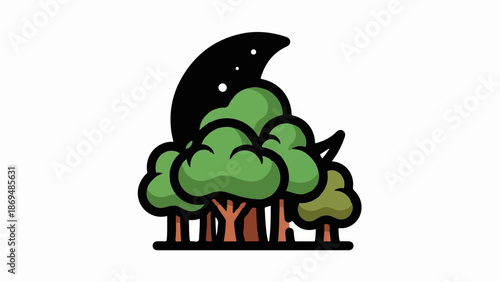 Stylized forest scene with a crescent moon and stars above