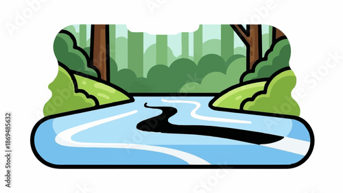 Stylized forest scene with a winding blue river, green hills, and tall trees