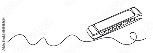 Minimalist one line drawing of a harmonica creating a continuous wavy sound line, perfect for music school materials, instrument shop promotions, or expressive web illustrations.