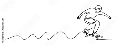 Minimalist continuous line drawing depicting an active skateboarder riding a board along a dynamic wavy track perfect for sports and youth culture themed projects