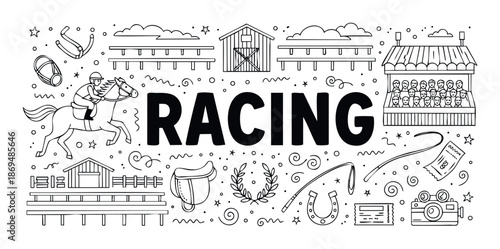 Exciting black and white outline drawing showcasing a thrilling horse racing competition, featuring jockey and horse, grandstands, stables, and various equestrian equipment for sports event