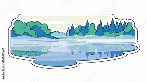 Stylized forest and water reflection under a soft, hazy sky