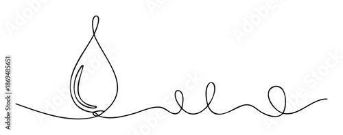 A smooth continuous black line forming a stylized water drop and flowing into elegant abstract loops, creating a minimalist graphic ideal for natureinspired branding, hydration themes, and