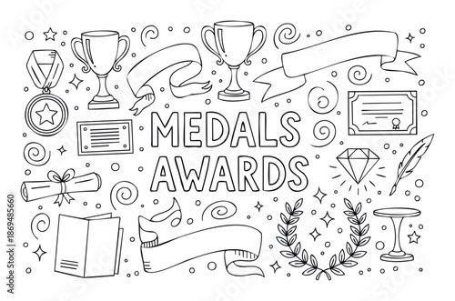 Outline collection of various hand drawn symbols for medals, awards, trophies, and certificates, perfect for educational resources, celebration themes, and event materials.