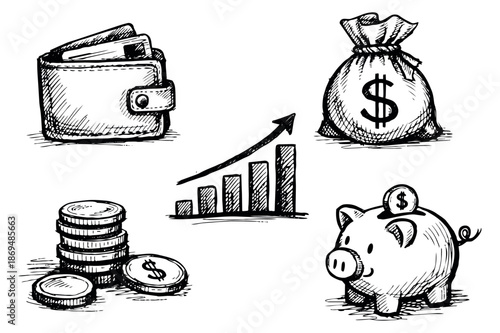 Hand drawn line art money set featuring a wallet, money bag, growing bar graph, coins, and a piggy bank for economic growth and savings concepts
