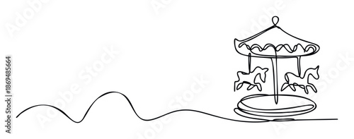 Continuous line drawing of a classic carousel amusement ride with horses, symbolizing childhood joy and movement, ideal for childrens events posters or playful brand identity graphics.