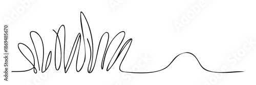 Modern continuous single line drawing forming abstract grass shapes and a subtle hill, ideal graphic resource for minimalist branding, web headers, or decorative prints.