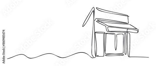 Minimalist continuous line drawing of a charming birdhouse offering a serene and comforting shelter, perfect for modern home decor and natureinspired graphic designs.