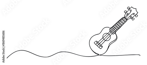A simple continuous line drawing of a charming ukulele instrument perfectly captures the essence of music and leisure, ideal for music projects, education, or playful graphic communication.