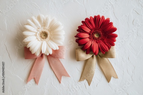 Two Gerbera Daisies with Ribbons, White and Red, Soft Lighting, Elegant Presentation