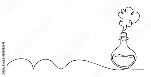 Minimalist continuous single line drawing depicting a science laboratory flask emitting a mysterious cloud of smoke, symbolizing discovery, innovation, and scientific experiment for