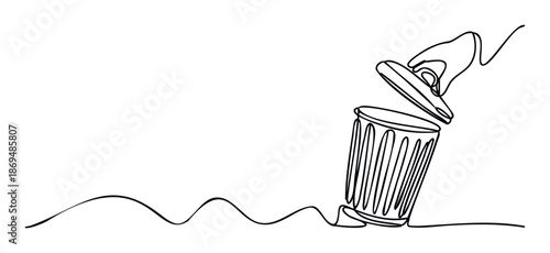 Continuous line drawing of a hand opening a trash can on a wavy ground line, symbolizing waste management, recycling, or environmental concepts for presentations and educational materials.