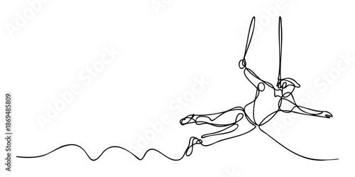 Dynamic continuous line art of an acrobat performing an aerial act, showcasing agility and balance, perfect for sports, fitness, entertainment, and active lifestyle marketing materials.