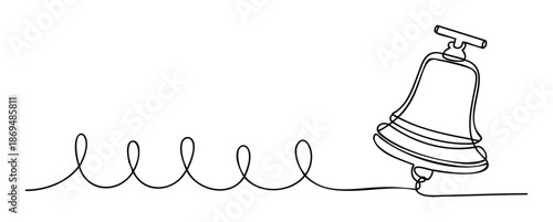 Continuous line drawing of a simple bell with a wavy flowing cord connecting it, perfect for educational materials, event invitations, or minimalist graphic communication
