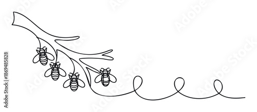 Elegant single line drawing depicting a cluster of honey bees connected by a long flowing line to a natural tree branch, ideal for subtle nature themes and educational content.