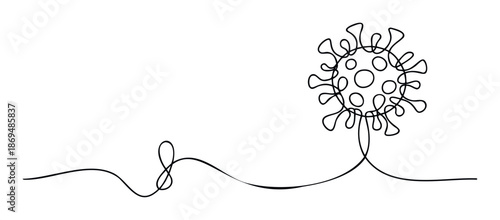 Simple black continuous line forming an abstract microbial virus shape with circular components and outer protrusions, perfect for scientific communication, healthcare promotion, and