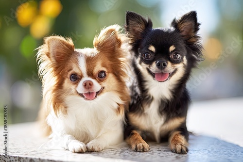 Two Happy Chihuahuas Relaxing Outdoors with Soft Sunlight and Bokeh Background