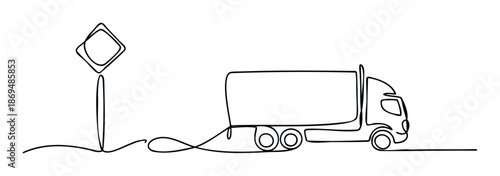Continuous line drawing depicting a cargo truck and a road sign, symbolizing efficient logistics and global delivery for modern transport industry marketing applications.