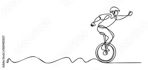 A continuous single line drawing capturing a dynamic person riding a unicycle with a helmet, illustrating balance and skill, perfect for promoting sports events, unique activities, or