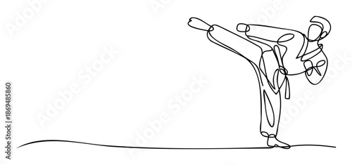 Dynamic martial artist performing a powerful high kick in a continuous line drawing style perfect for sports fitness or training related promotional materials
