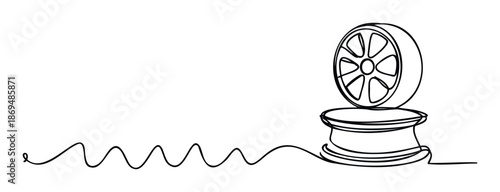 Continuous line drawing of a car wheel with a tire and rim, symbolizing movement and a journey, perfect for automotive businesses, mechanic workshops, or travelrelated marketing materials