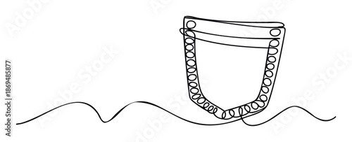 Abstract single continuous line drawing of an elegant decorative pouch with circular ornaments and a flowing base, perfect for contemporary minimalist graphic projects and conceptual