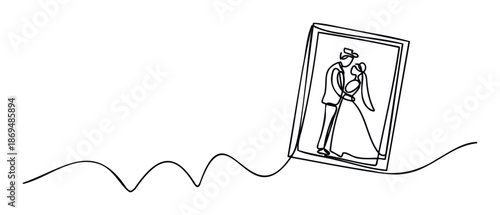 Elegant continuous line drawing capturing a newlywed couples framed wedding portrait connected by a flowing wave ideal for expressing lifelong commitment and celebratory event graphics