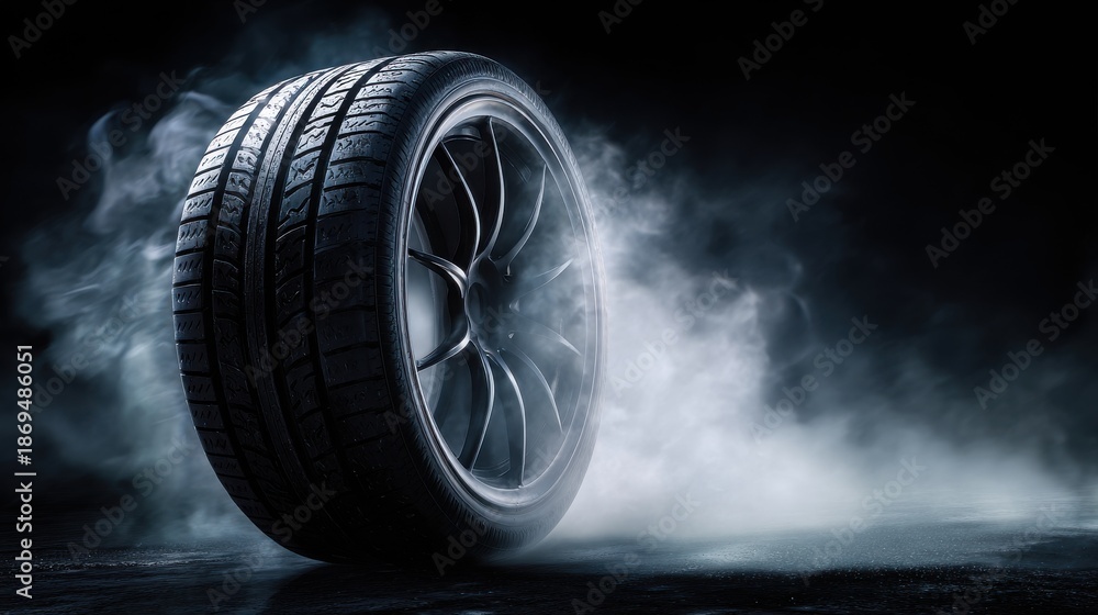 Fototapeta premium Close-up of a car tire with smoke on a dark background