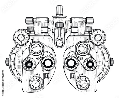 Detailed black and white line drawing of a phoropter, an optometrists instrument used for eye examination, vision testing, and prescription measurement in medical and educational contexts.