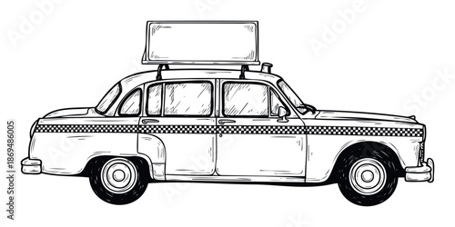 Hand drawn classic taxi cab vehicle featuring a checkered stripe and roof sign perfect for transportation themed publications travel industry advertisements and urban design projects