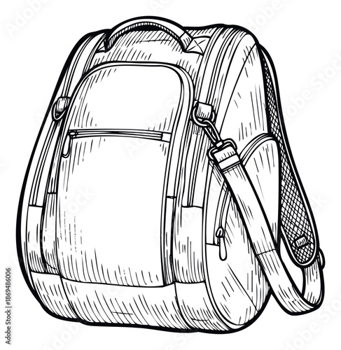 Stylish monochrome outline of a practical sports gym duffel bag equipped with sturdy handles and an adjustable shoulder strap, excellent for athletic apparel promotions or travel accessory