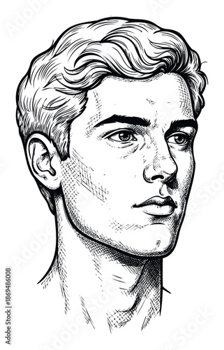 Classic style drawing of a thoughtful young mans head, perfect for educational materials, historical illustrations, or elegant graphic design projects