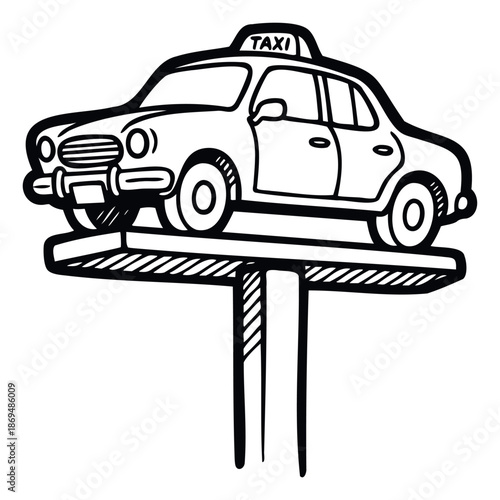 Black and white doodle style taxi car sign placed on a support structure, perfect for transportation service branding or a fun travel business graphic.