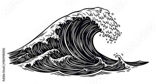 Dramatic monochrome ocean wave with powerful seafoam movement captured in an intricate engraving style ready for print projects apparel designs and bold graphic statements