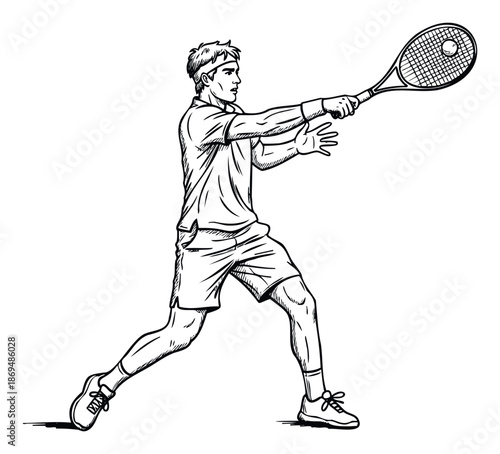 Dynamic male tennis player in athletic gear performing a powerful forehand stroke with a racket and ball, ideal for sports marketing, fitness posters, and active lifestyle content