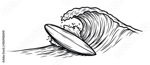 Dynamic surfboard riding a powerful ocean wave capturing the thrill and essence of extreme water sport activity for apparel prints or signage