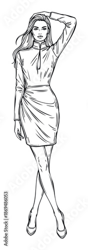 Graceful woman confidently posing in a sleek mini dress with long sleeves and high heel shoes, ideal for contemporary fashion concepts and apparel promotion visuals