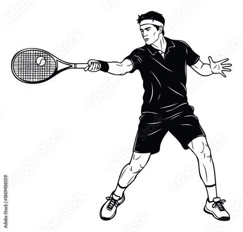 Dynamic male tennis player in athletic sportswear making a powerful forehand stroke, perfect for sports advertising, fitness promotions, and active lifestyle branding.