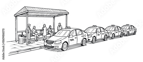 A bustling city street setting showing travelers waiting under a shelter while multiple taxi vehicles queue on the road, great for depicting metropolitan public transportation and travel