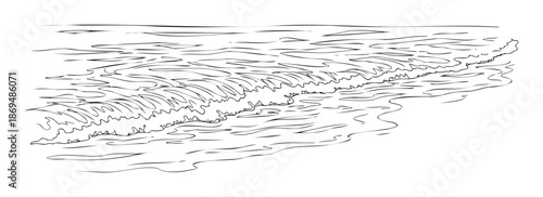 Monochromatic handdrawn sketch depicting dynamic ocean waves breaking and receding on the shore, ideal for aquatic themed educational materials or coastal environment presentations