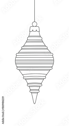 Highly detailed teardrop Christmas ornament with fine horizontal lines and a pointed base is shown as a line art drawing.