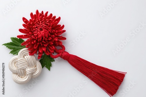 Vibrant Red Chrysanthemum with Tassel and Knot - Japanese Celebration Decor